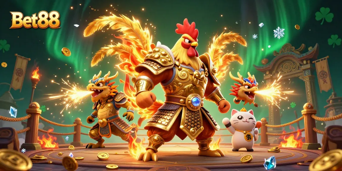 Bet88 offers exhilarating adventures at the casino with a fiery rooster in action.