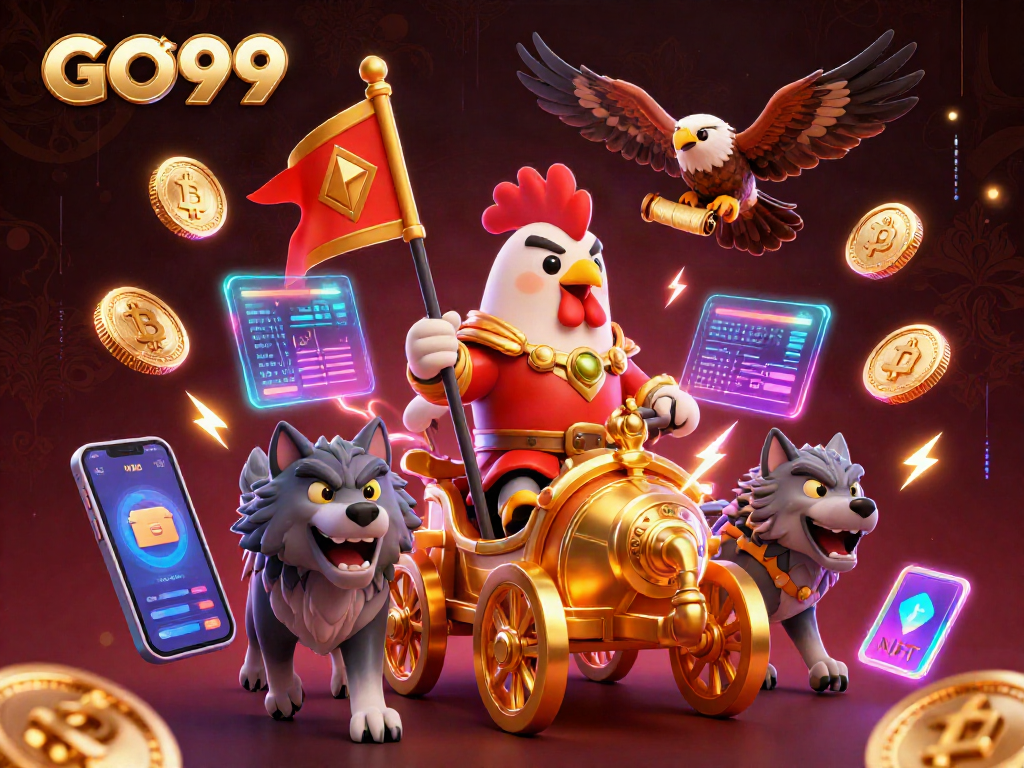 Engage in GO99 strategies with a vivid illustration showcasing a cartoon rooster warlord navigating casino chaos.