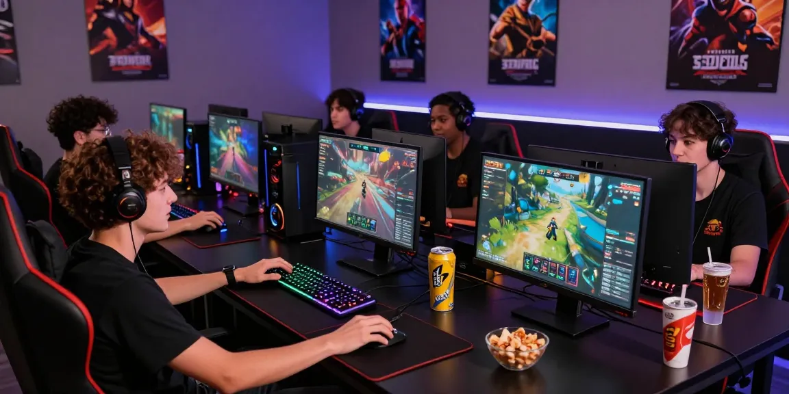 Enthusiastic gamers at https://proplay88.uk.com/ in a vibrant gaming lounge with high-performance setups.