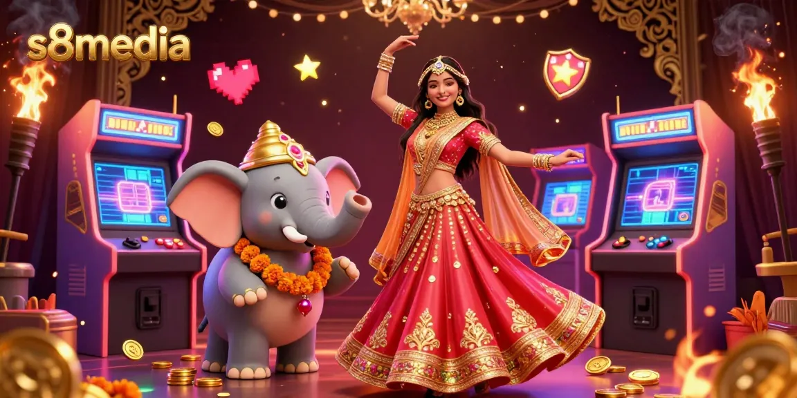 Experience the vibrant gaming scene with s8media, showcasing dynamic casino elements and a bejeweled elephant companion.