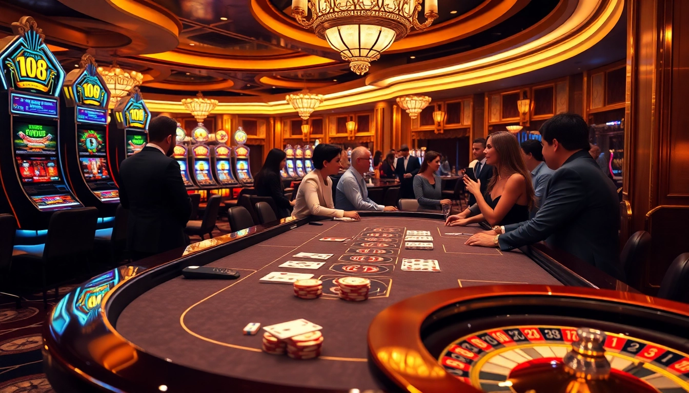 High-stakes action at an F168 casino table with vibrant slot machines and polished surfaces.