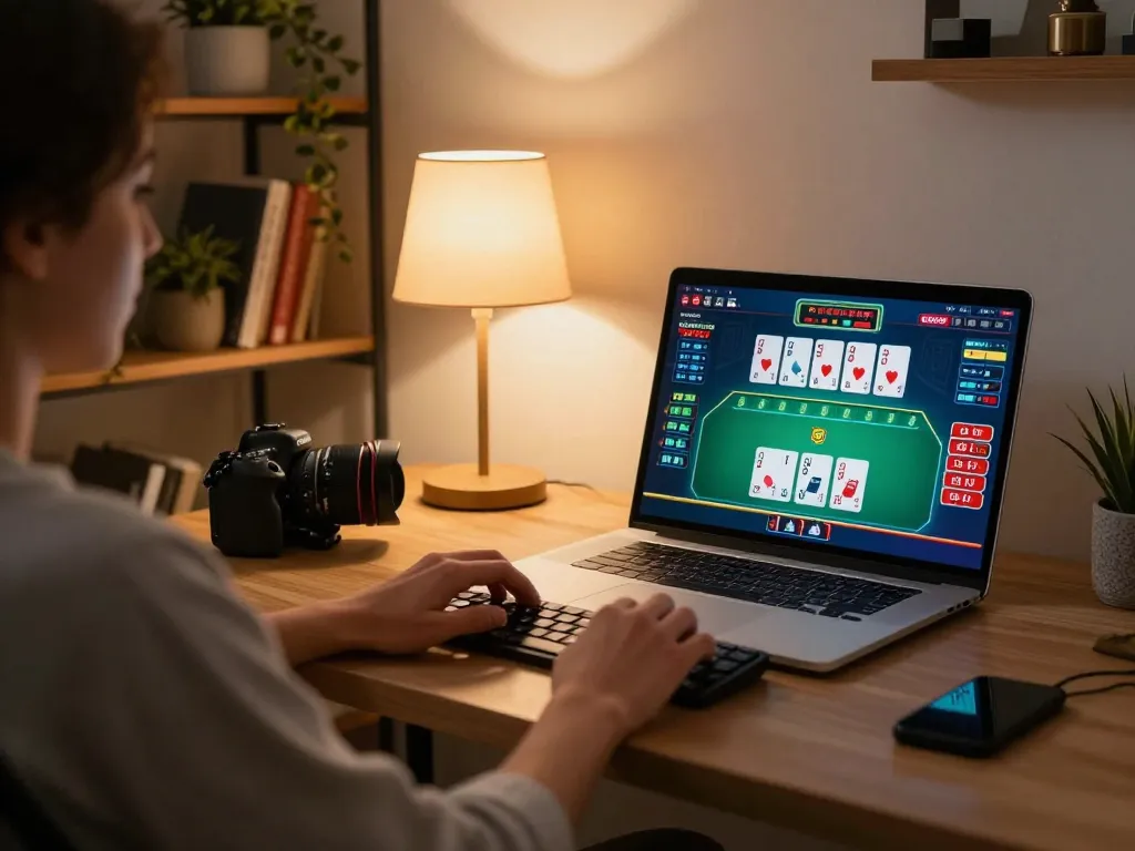 Engaged player at https://11bet.se.net/ using laptop for online casino, ready for poker action.