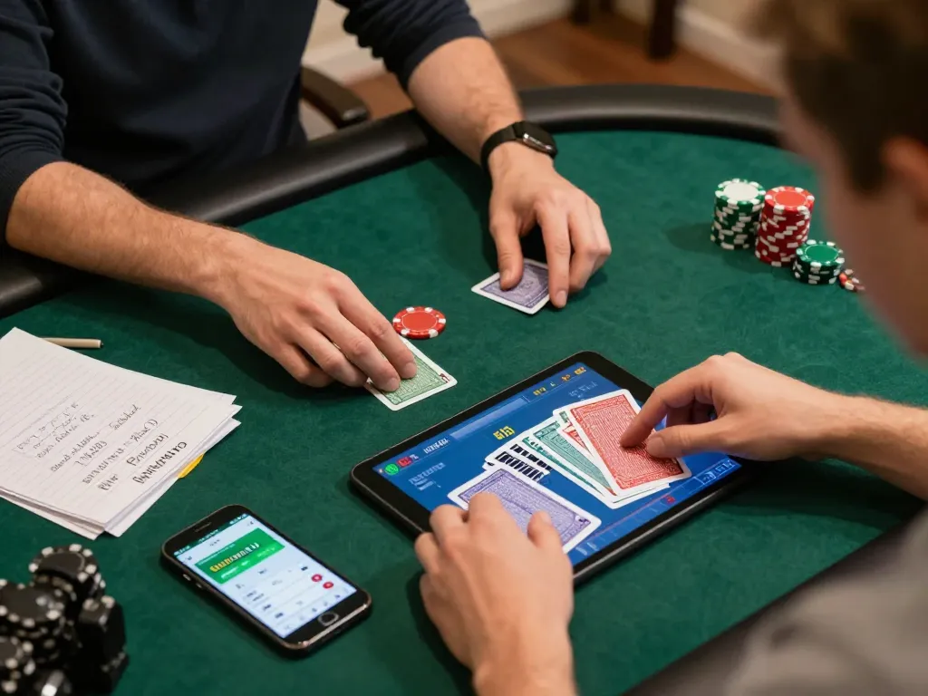 Kubet user analyzing cards during an online poker game in a cozy home setting