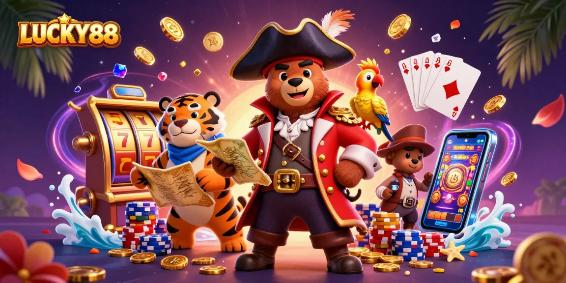 Spin the reels of LUCKY88 slot featuring pirate bear, tiger, and magical treasures.
