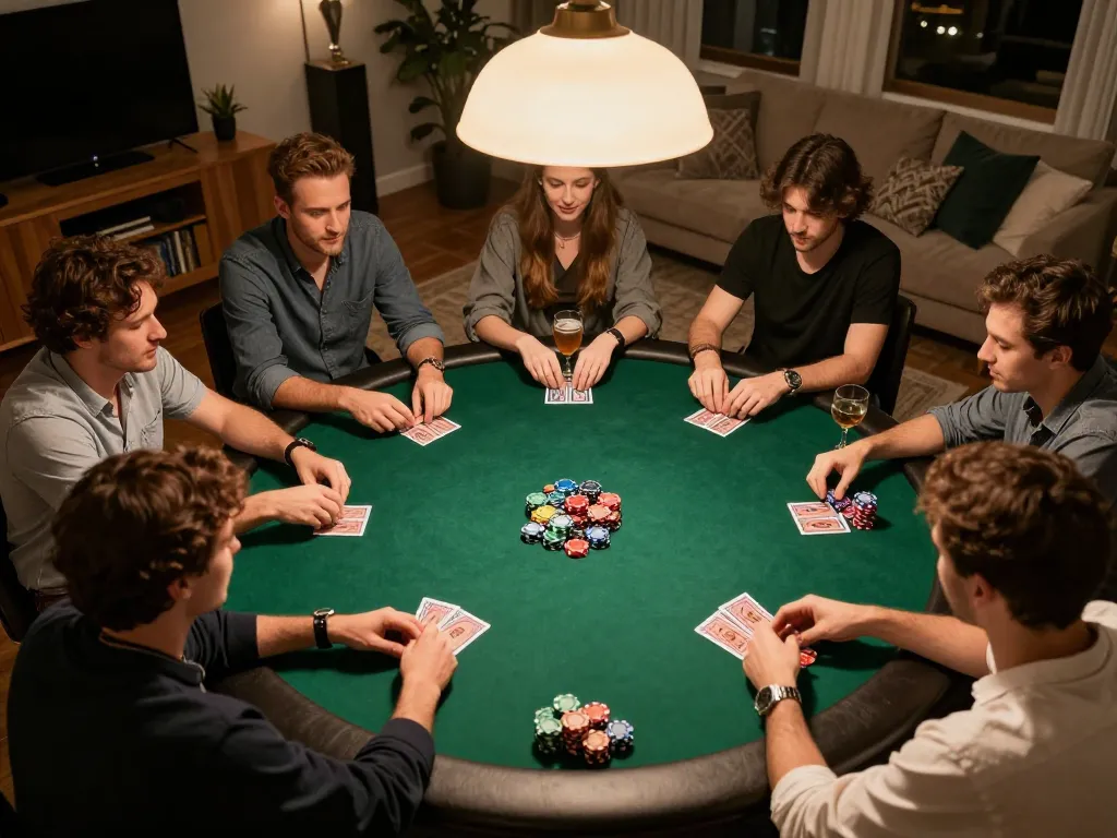Engaging poker night scene with players at a round table, showcasing competitive spirit and excitement of go88 com.