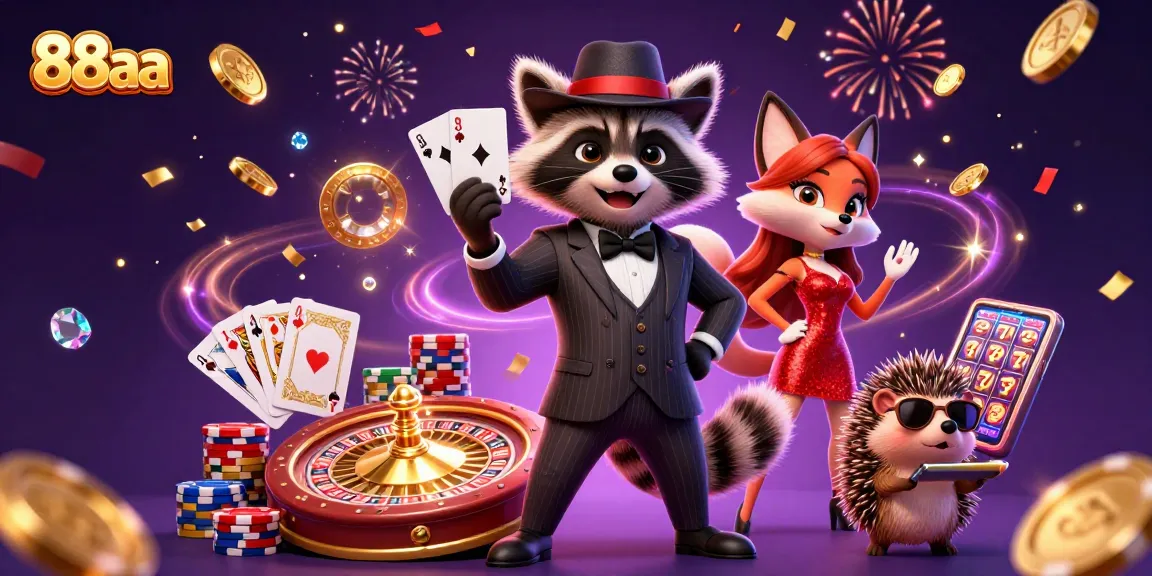 Experience the excitement of 88aa with a suave raccoon, fox lady, and animated casino elements.