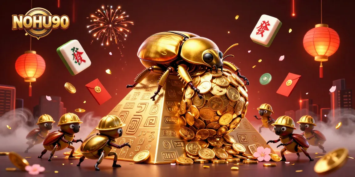 Experience big wins at NOHU90 with a vibrant illustration of golden beetles rolling in riches.