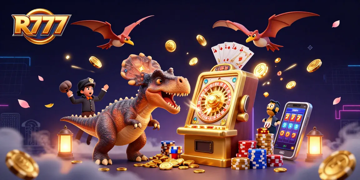 R777 casino fun with a pachycephalosaurus jackpot headbutting a slot machine amidst flying coins and vibrant gaming elements.