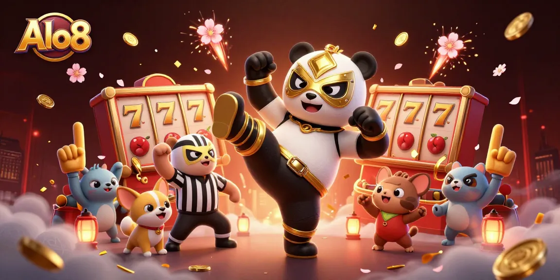 Alo8 engages players with a vibrant 3D scene of a panda wrestler in a kick, showcasing online gaming excitement.