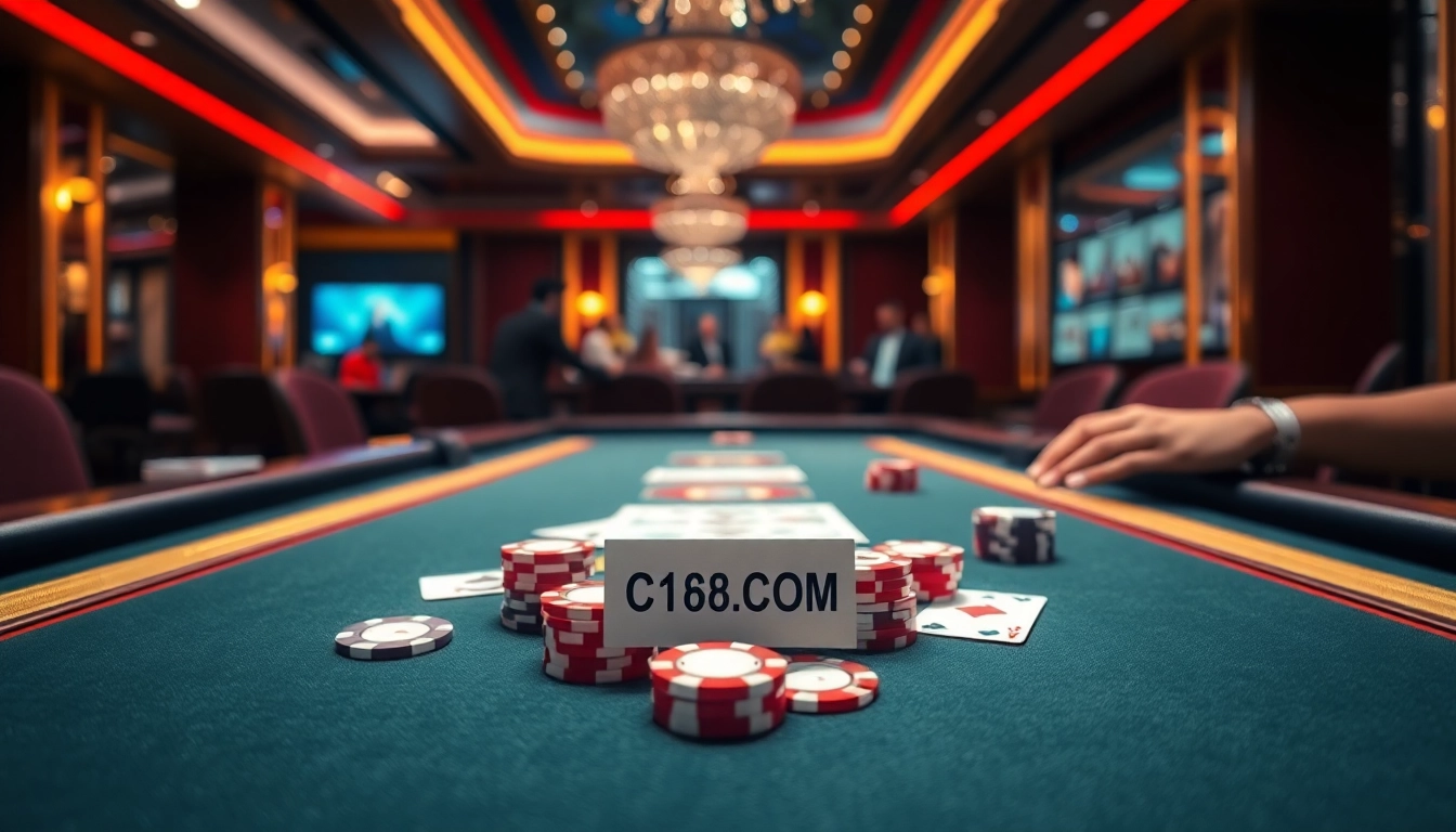 Experience excitement at C168.COM with vibrant gambling visuals depicting poker action.