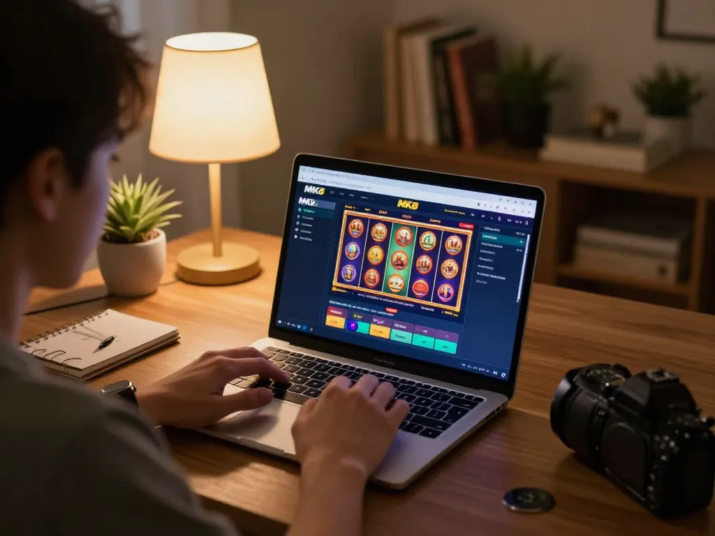 Engaging user exploring MK8th online betting options at a cozy home setup
