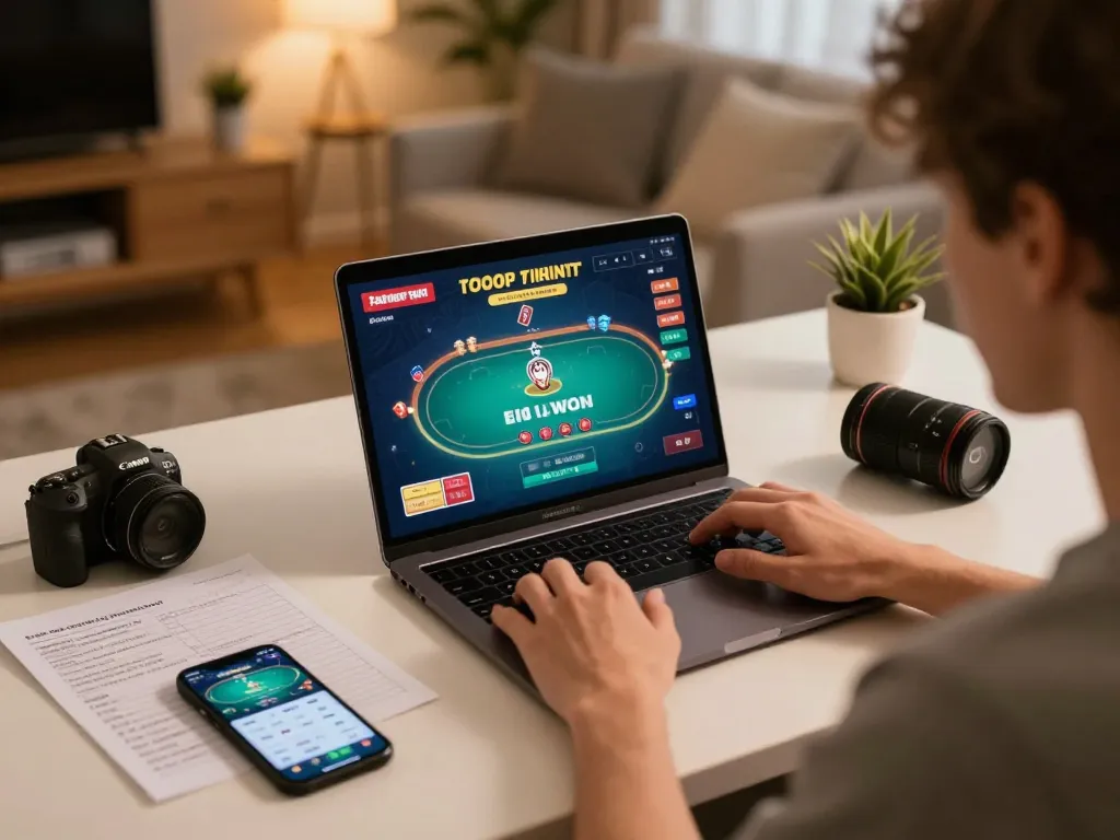 Engaging player enjoying game 789win on laptop, showcasing strategy and excitement in a cozy home setup