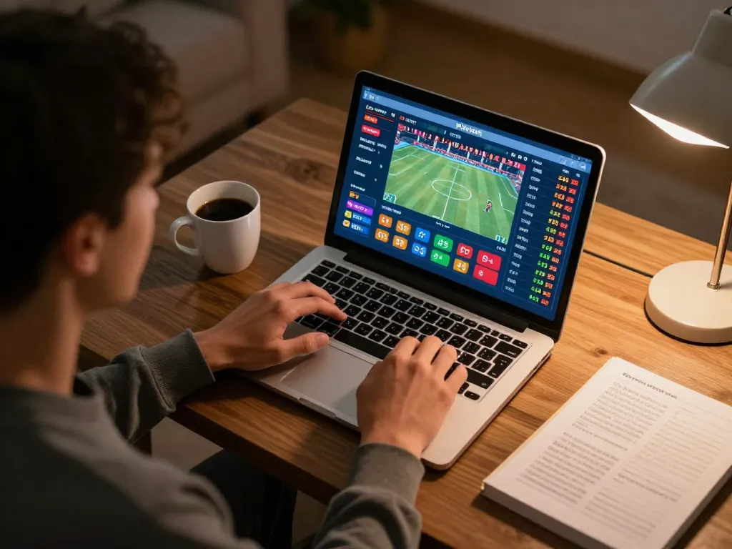 Person analyzing game stats for sports betting on debet67.com, laptop displaying odds and matches.