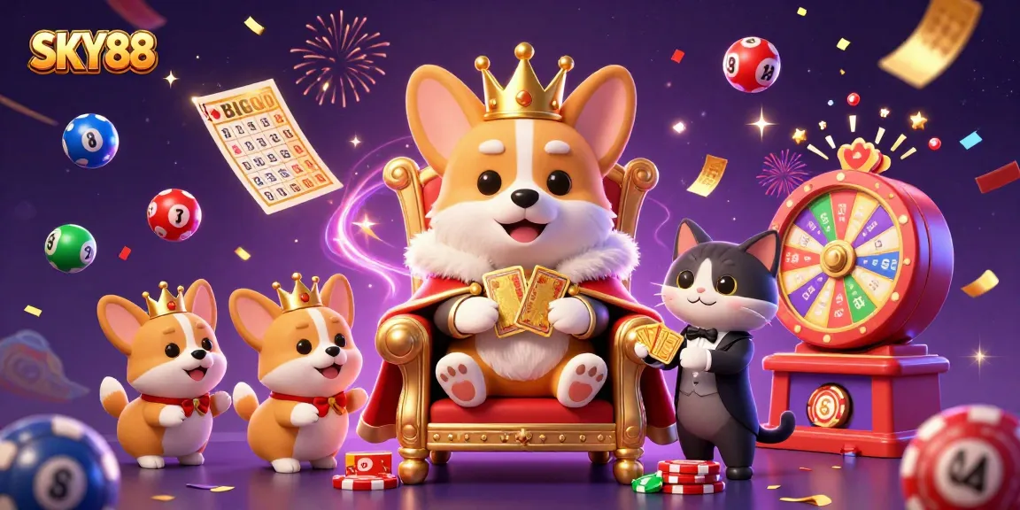 Join the excitement at SKY88 with a royal corgi amidst colorful lottery elements in a dynamic casino scene.
