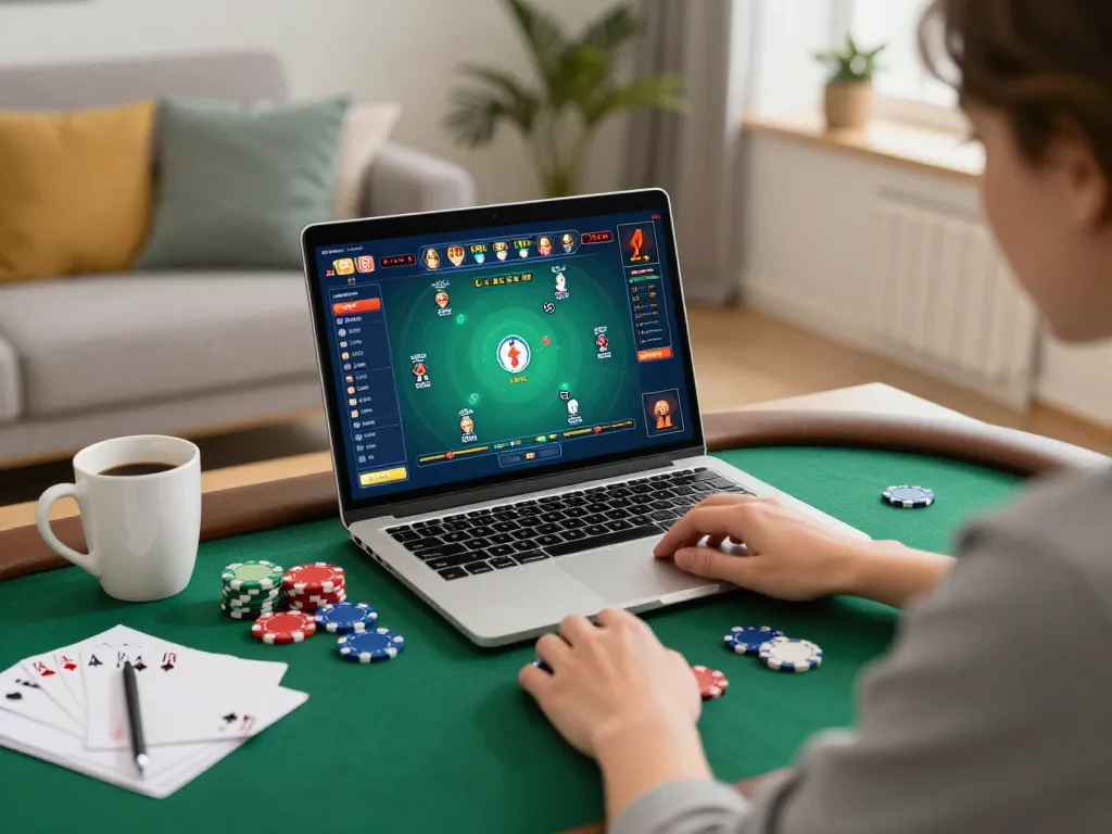 Engaging online poker gameplay on a laptop featuring MB66 strategy notes and colorful chips in a cozy setting