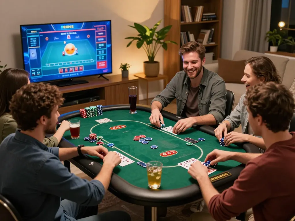 uu88games social interaction during online poker session with friends in a cozy living room.