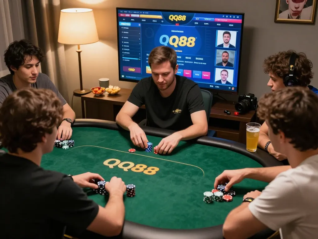 A player engaging with QQ88 online poker platform while placed bets in a cozy setting.