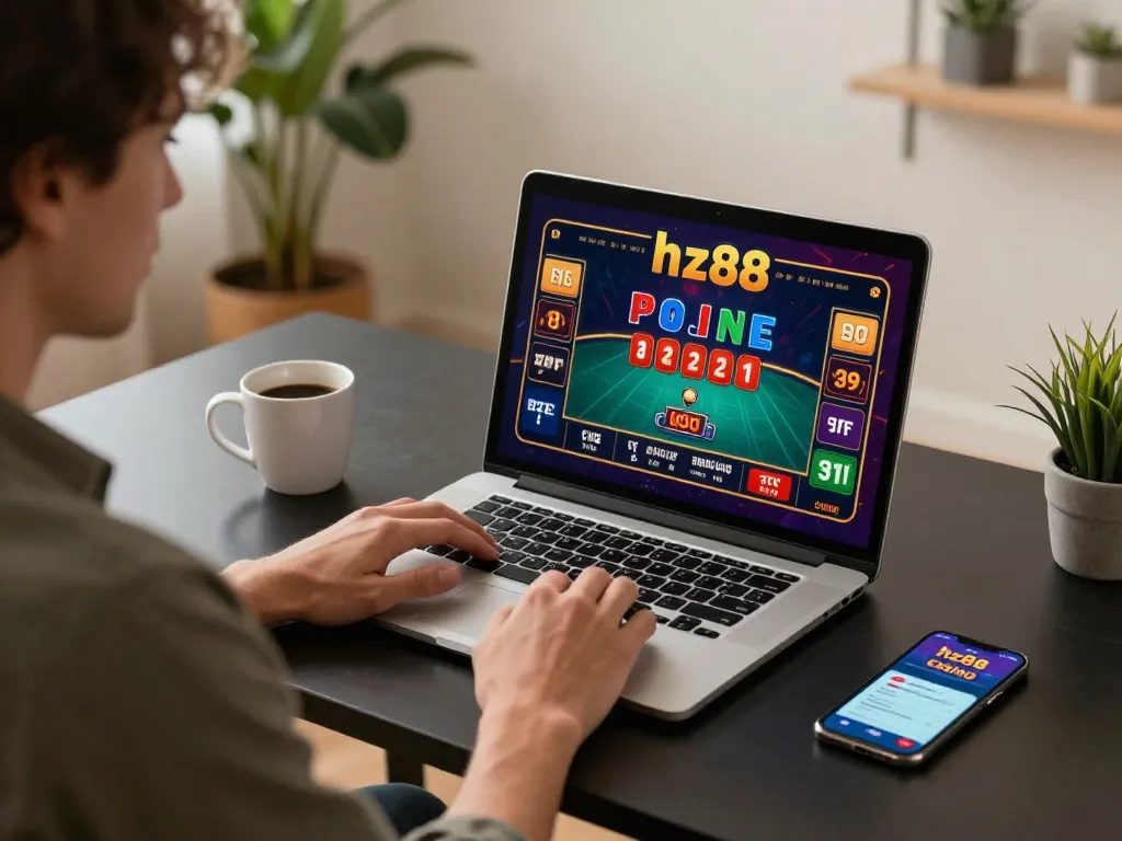 person engaging with the hz88 online casino app on their laptop while enjoying a comfortable home environment