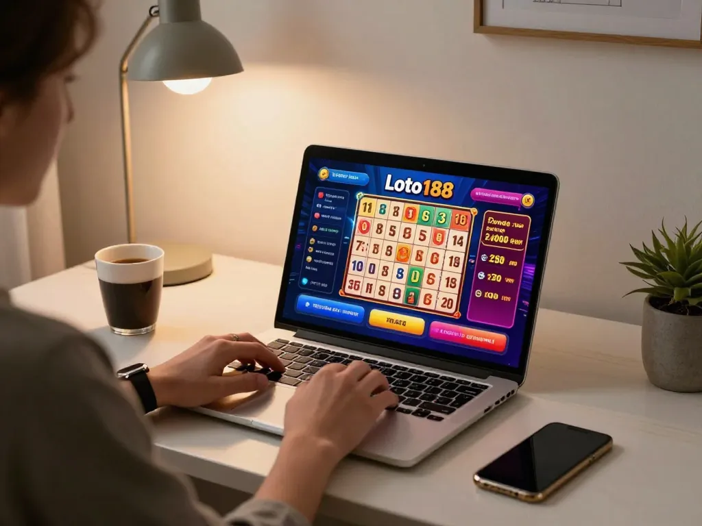 Player experiencing loto188 online lottery on laptop in a cozy home setup, showcasing interactive betting options.