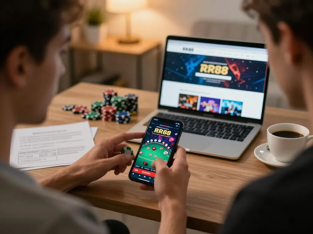 Player enthusiastically using the RR88 app for online gambling during a cozy night at home.