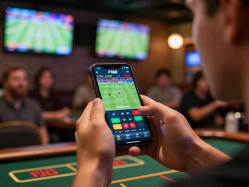 Betting on F168 sports mobile app in a lively sports bar atmosphere.