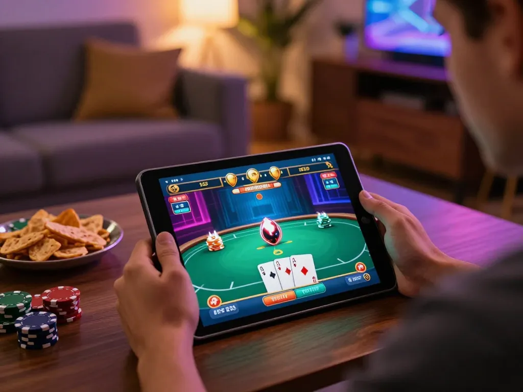 LU88VIP player enjoying a poker game on a tablet in a cozy living room setting
