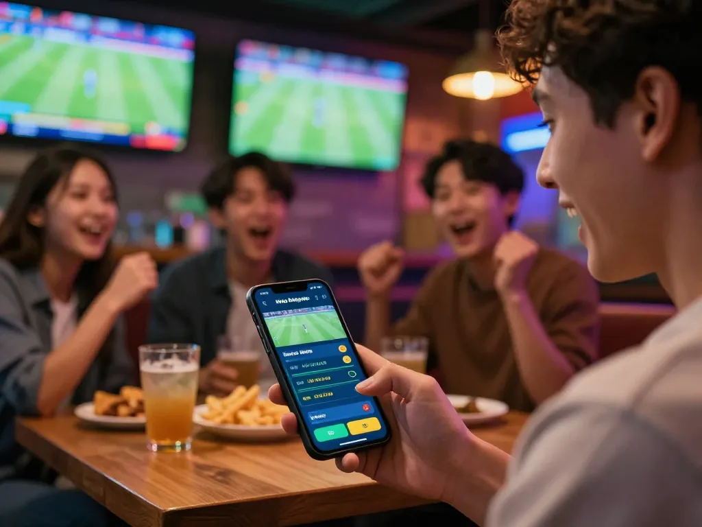 Engaged bettor reviewing kèo bóng đá odds on a mobile app at a lively sports bar during a live match.