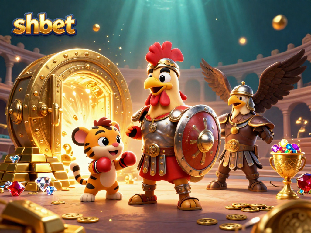 Experience thrilling gameplay at shbet, featuring a dynamic scene of cartoon characters amidst a treasure-filled casino arena.