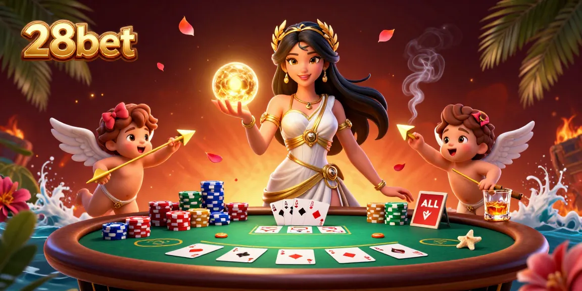 Experience excitement at 28bet with a stunning illustration showcasing poker elements and divine characters.