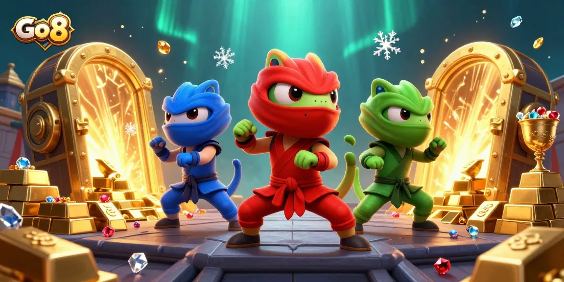 Experience the thrill of Go 8 with ninja chameleons in a vibrant casino treasure scene.