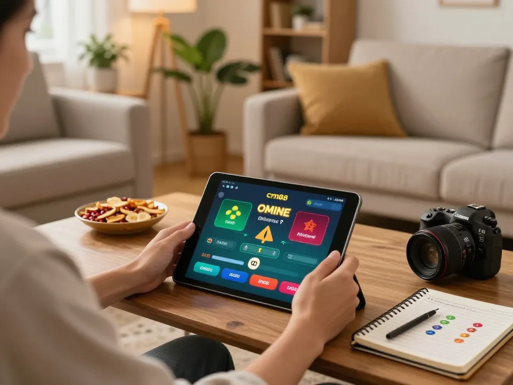 Using the cm88 app on a tablet for online casino gaming in a cozy home environment.
