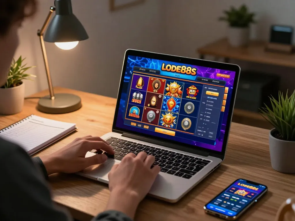 Gambling at home with lode88s showing colorful slots on an engaging laptop display.