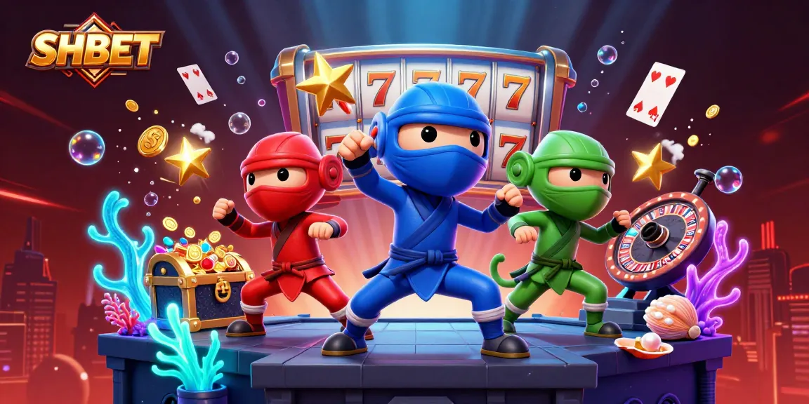 Engage with SHBET's thrilling atmosphere featuring lively ninja chameleons amidst dynamic casino elements.