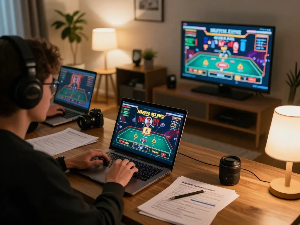 Engaged player enjoying LV88 live dealer game on laptop in a modern home