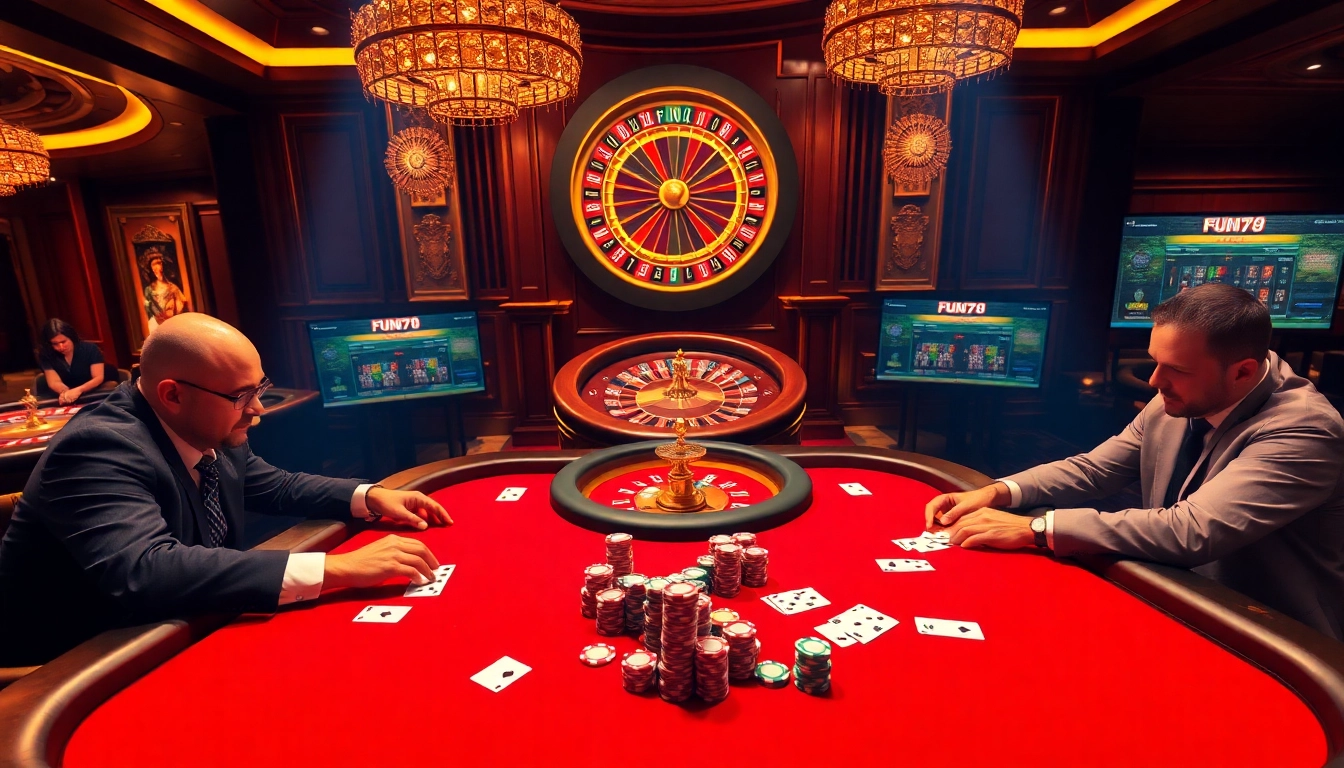 Experience the thrill of FUN79 at a lively poker table with vibrant chips and cards.
