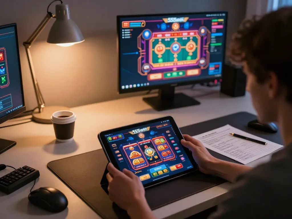 Person engaged in online gaming on the 555win app, showcasing an exciting virtual casino experience.