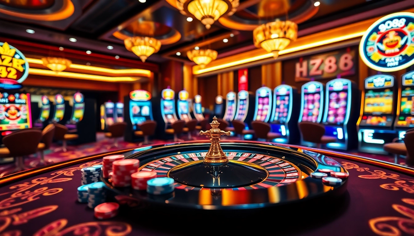 HZ88 casino scene showcasing vibrant gambling activities like poker and roulette.