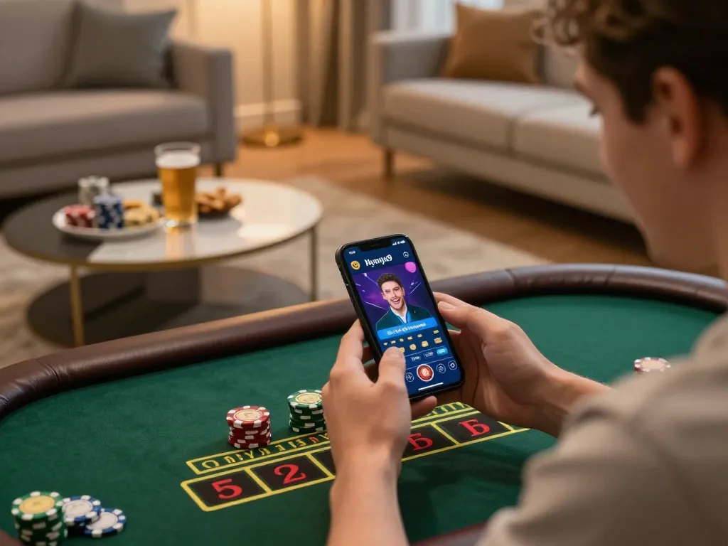 Nyonya9 gameplay action while a player engages with live dealer blackjack on a smartphone in a cozy home setting.