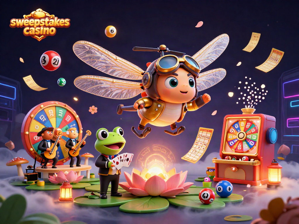 Sweepstakes casino scene with a dragonfly pilot, frog dealer, and jazz musicians amidst lottery elements.