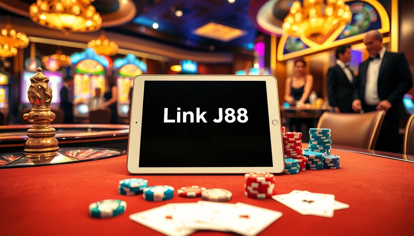 Engaging casino scene with players around roulette wheel and Link J88 interface on tablet.