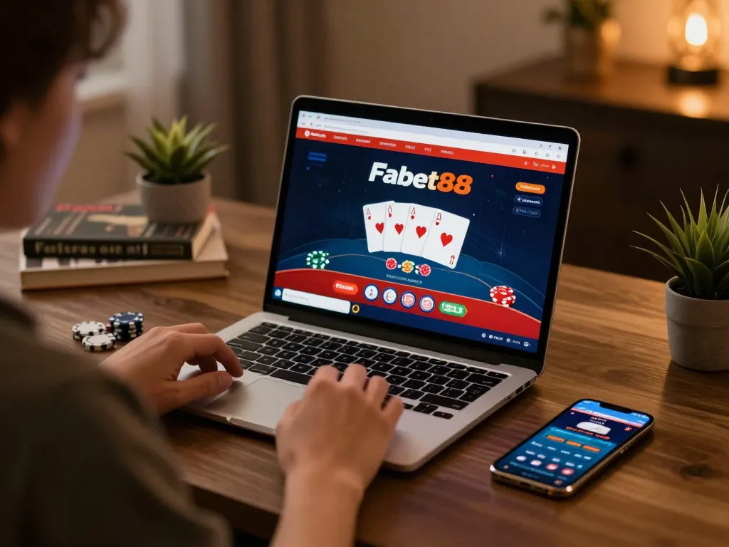 Engaging online poker gameplay on Fabet88 platform, showcasing modern gaming setup and dynamic interface.
