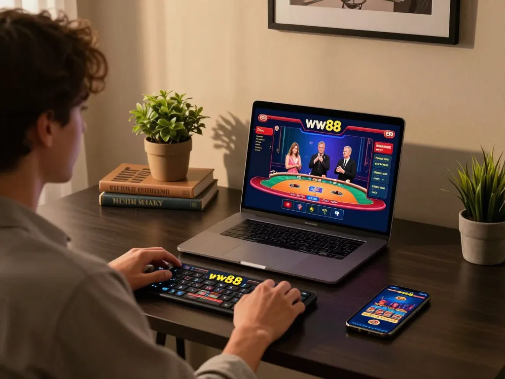 Engaging in a lively online casino session on ww88 with a tablet showcasing live dealer games