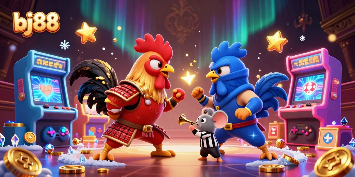 Engage with bj88's thrilling cockfighting scene featuring dramatic roosters and arcade elements.