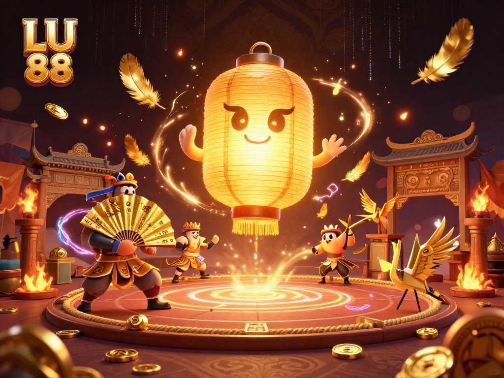 Experience the excitement of LU 88 gaming with a magical golden lantern spirit above a thrilling night market casino scene.