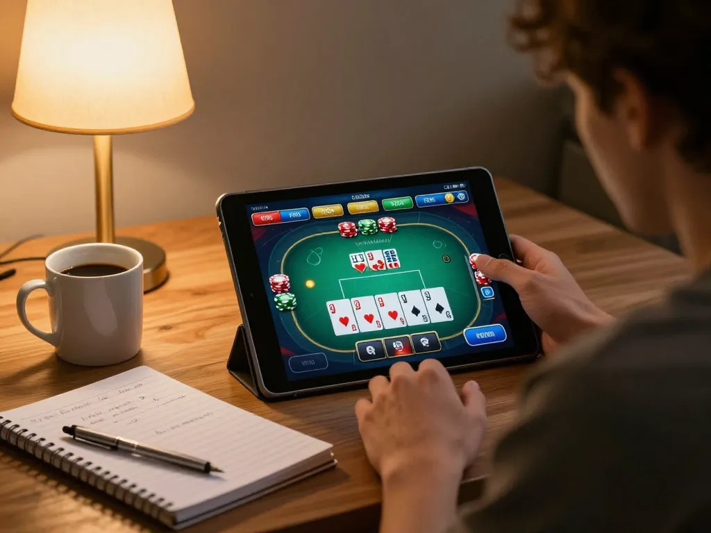 Player engaging in online poker at home using com platform, showcasing immersive gaming experience and strategic approach.