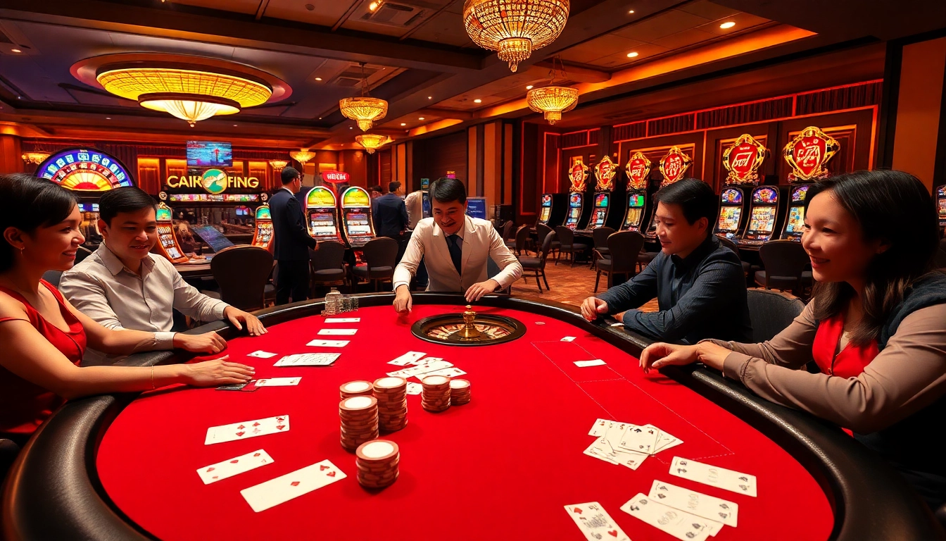 Experience the excitement of gambling at https://nhatvip.meme/ with a vibrant casino table and engaging players.