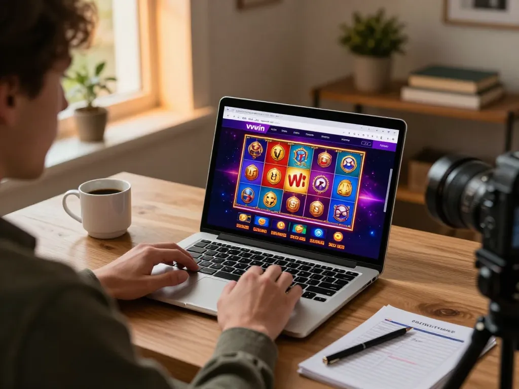 Player enjoying vvvwin online casino gaming on a laptop in a cozy home setup, highlighting responsible gambling.