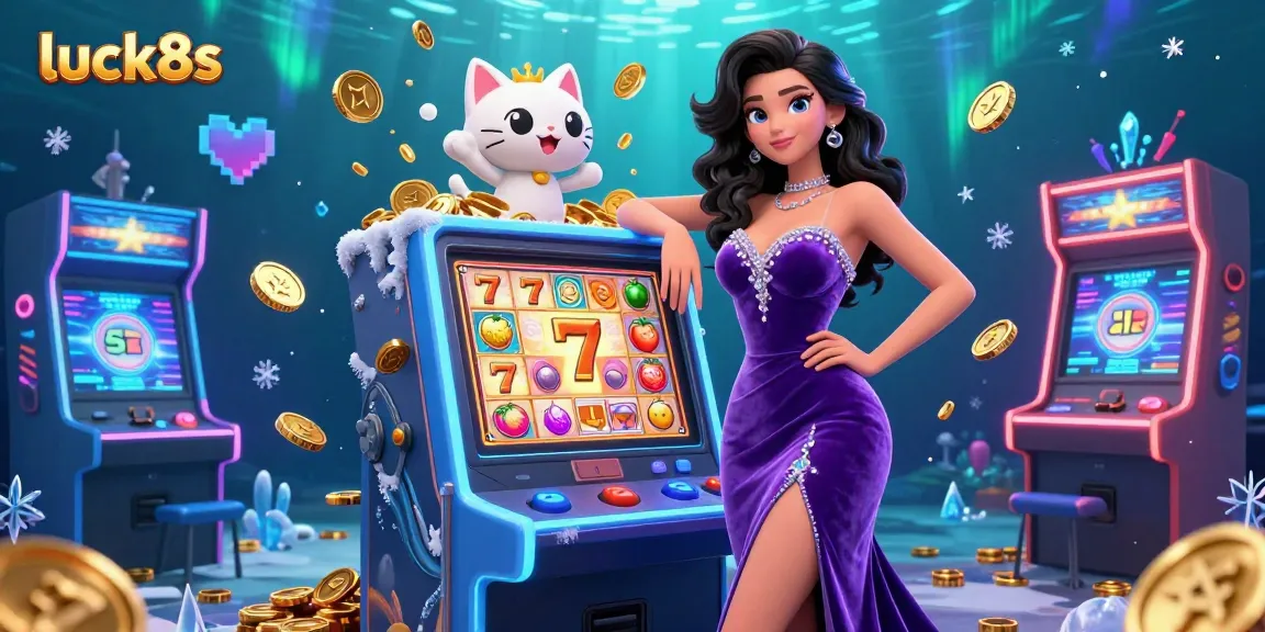 Engage with luck8s as the glamorous character tests her luck on a jackpot slot machine amidst a colorful casino scene.