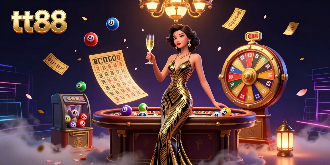 Experience exciting gaming moments at tt88, featuring an elegant woman amidst vibrant casino elements.