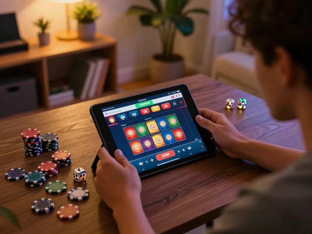 Player immerses in go88 online casino action on a tablet in a cozy home setting, strategic gameplay highlighted.